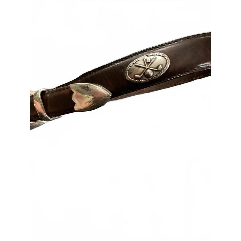 Vintage Brown Full Grain Leather Golf Belt with Silver Golf Emblems Size 36